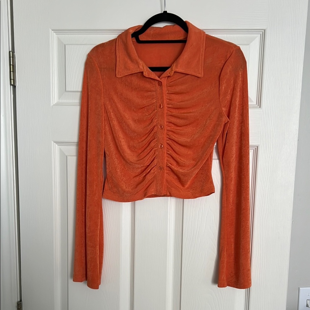 Orange Ruched Button-Up Top